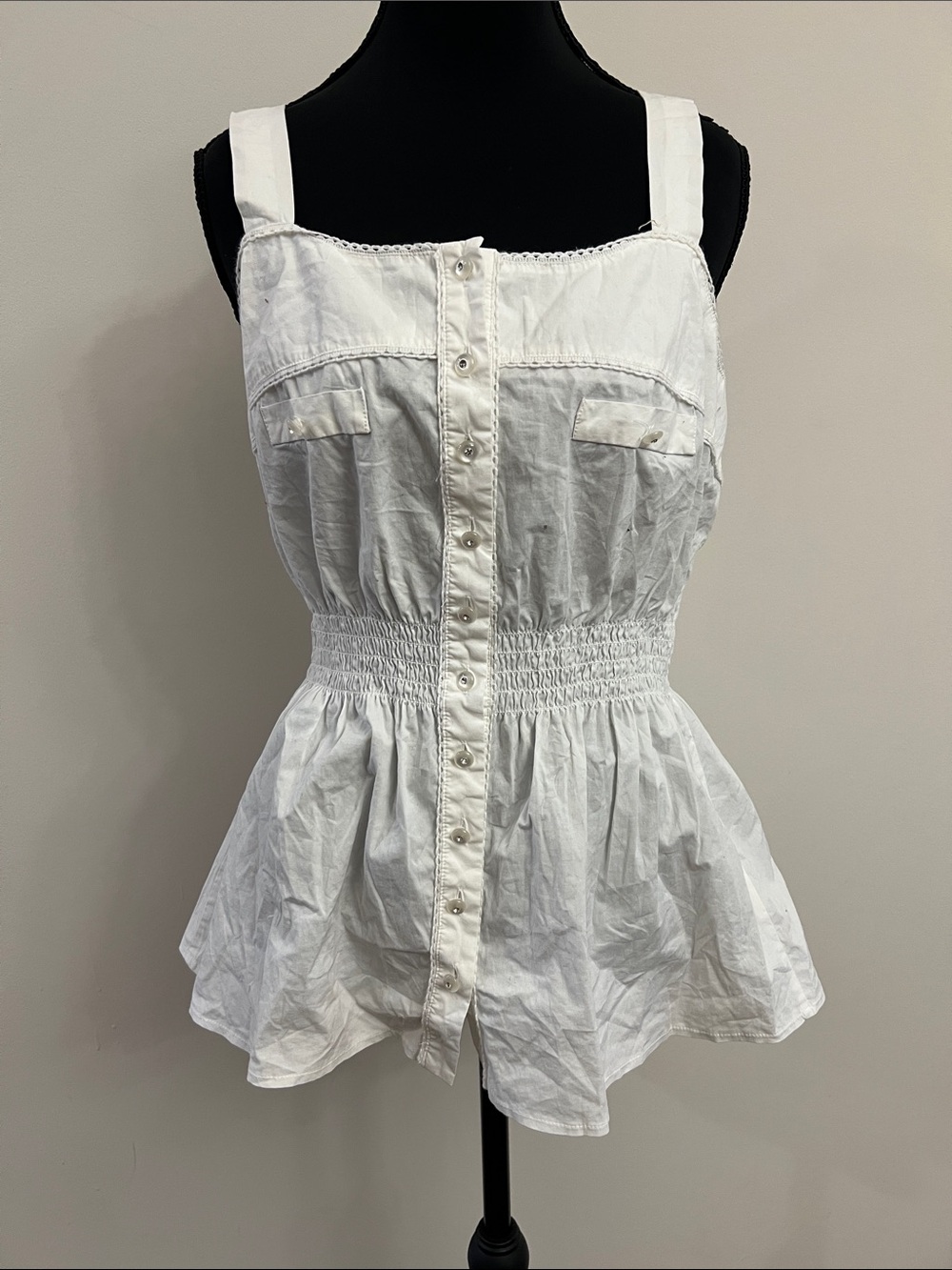 NY Collection White Button-Front Smocked Waist Camisole